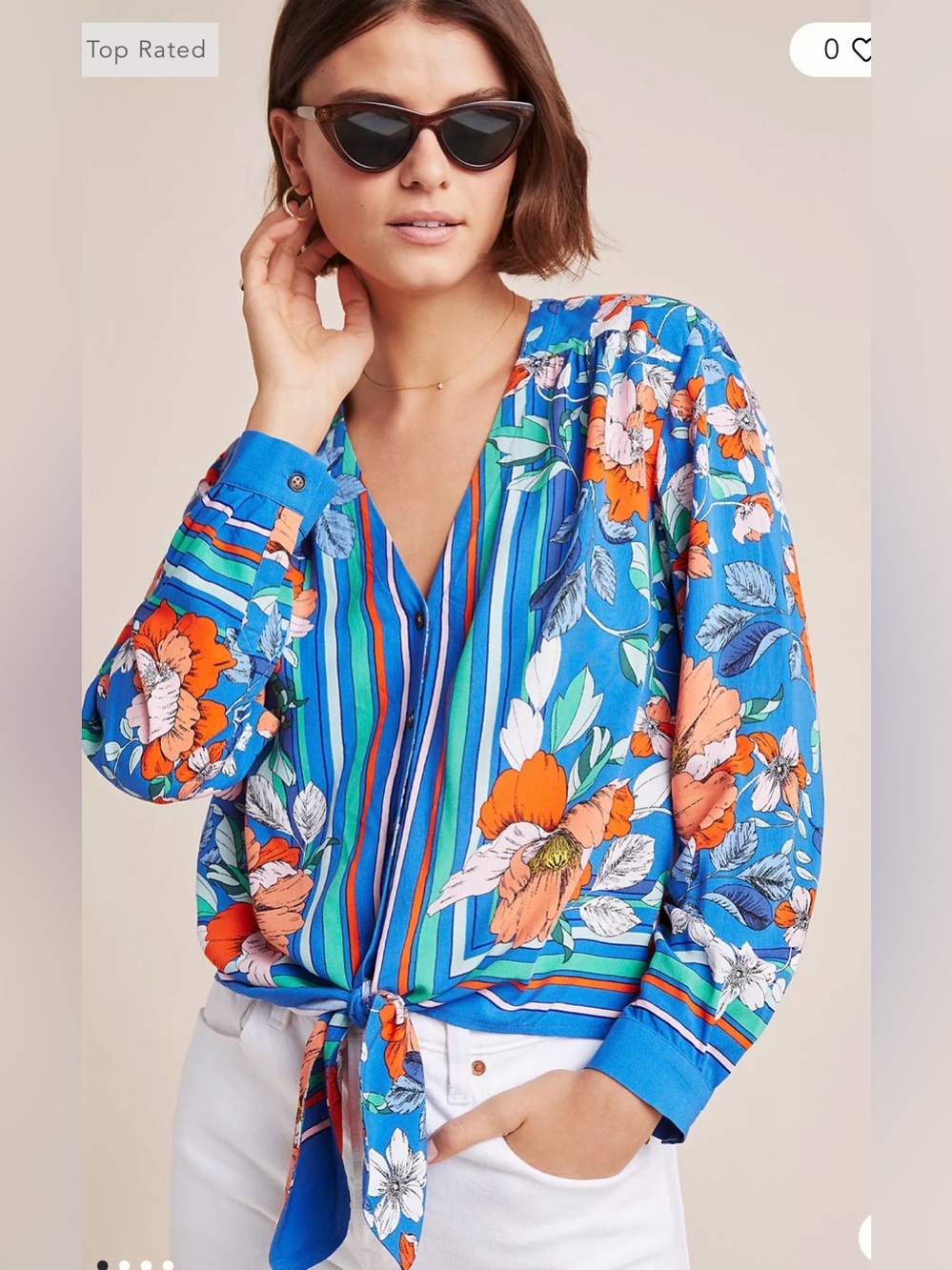 Anthropologie Maeve Elan Scarf Printed Top Blue Orange Floral Tie-Front Button 8